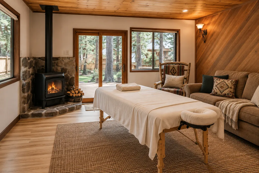 A cozy living room with a fireplace, massage table, couch, and large windows.