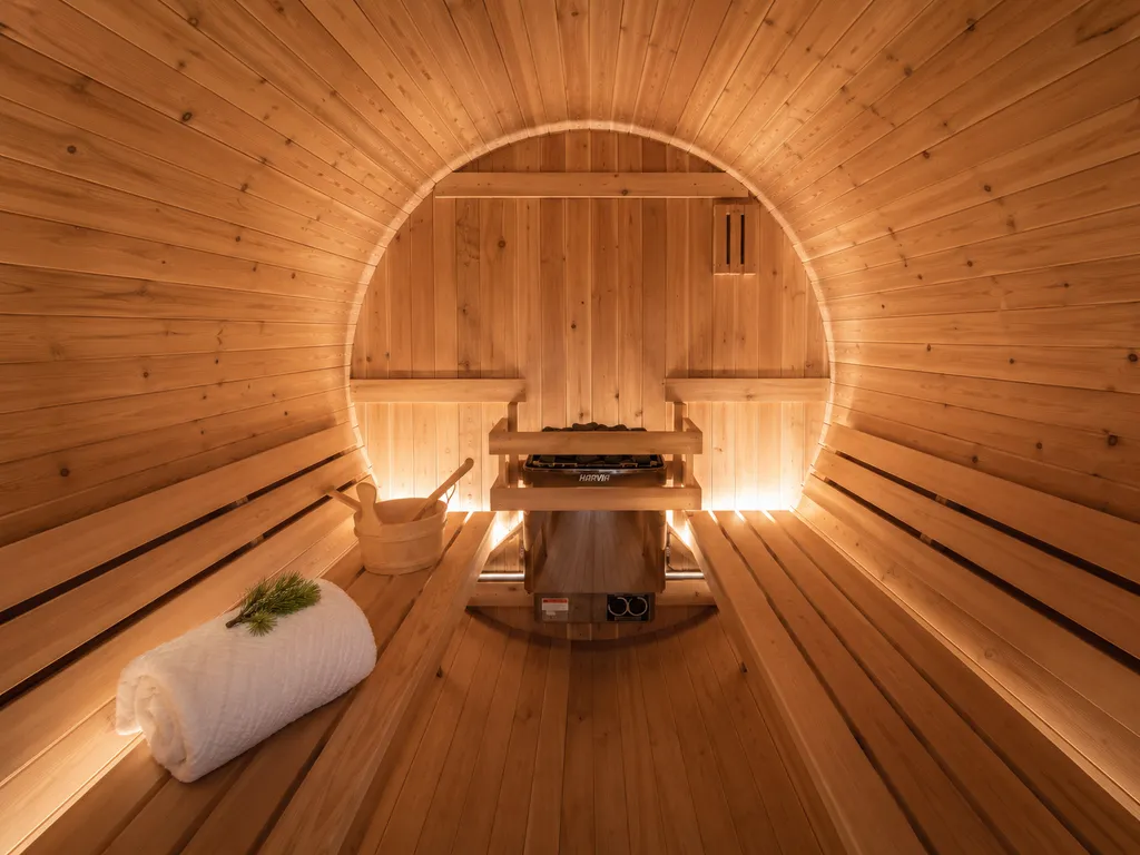 Wooden sauna with a bench, towel, and a small table.