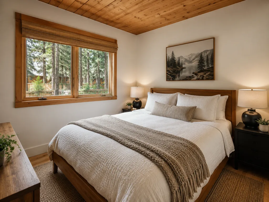 A cozy bedroom with a wooden bed, white bedding, and a window overlooking trees.